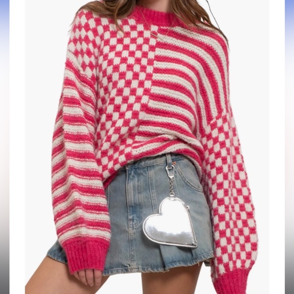 NEW Blu Pepper Pink Checkered Oversized Sweater Top Size S M - Picture 3 of 7
